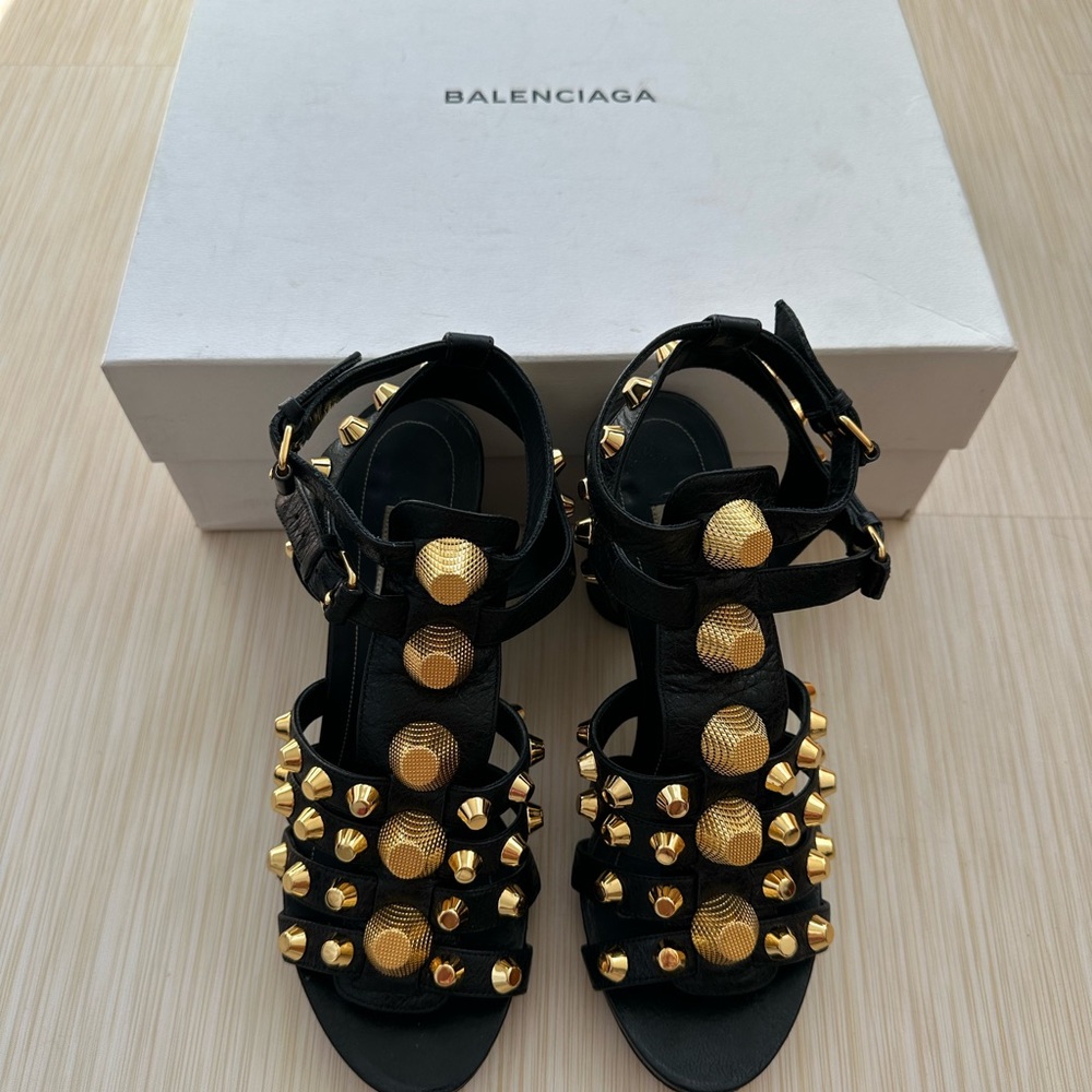 Balenciaga Women's Sandals in Black with Gold Accents